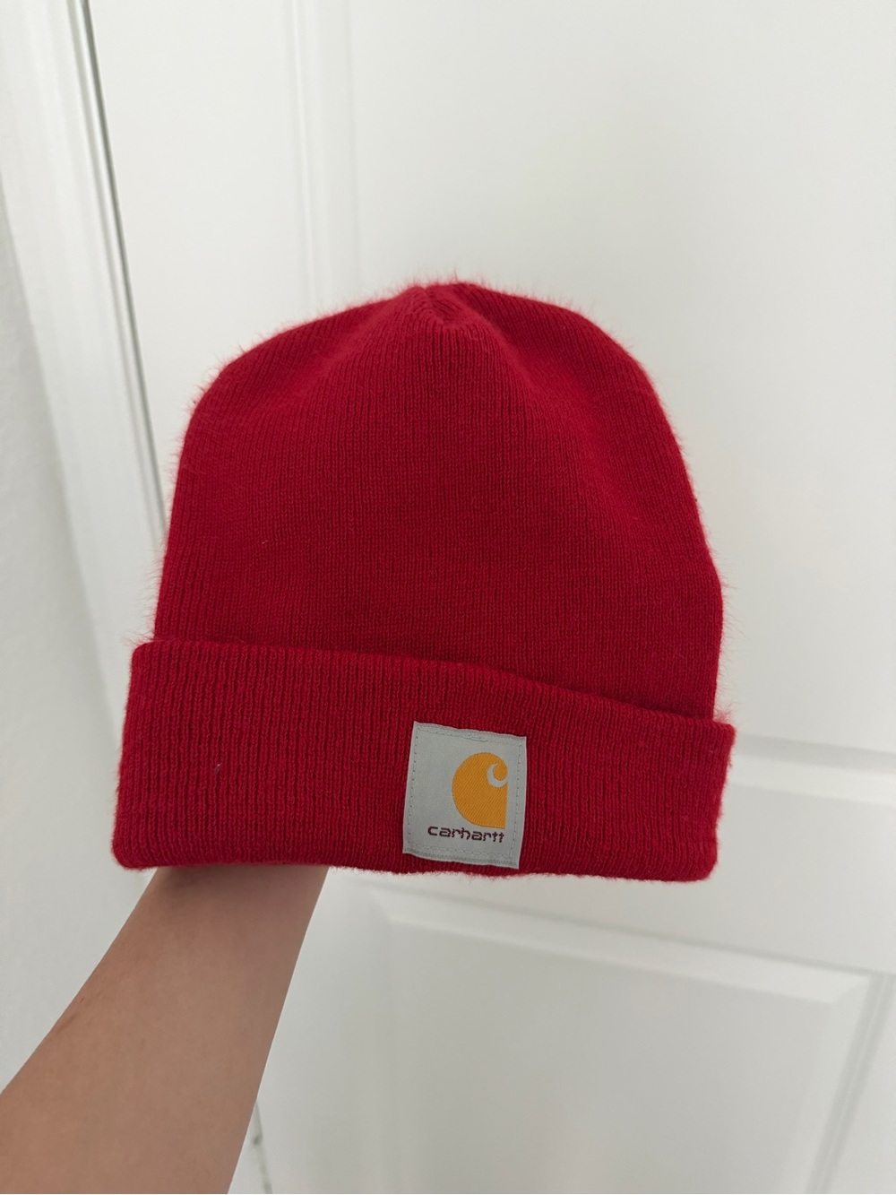 Carhartt Red Knit Beanie with Gold Logo Patch